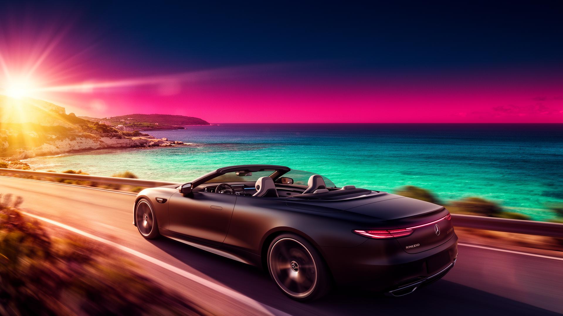 Coche de alquiler TapGo Drive en la costa de Ibiza al atardecer